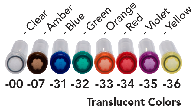 Translucent Colors for Standard Caps. -00 Clear, -07 Amber, -31 Blue, -32 Green, -33 Orange, -34 Red, -35 Violet, -36 Yellow