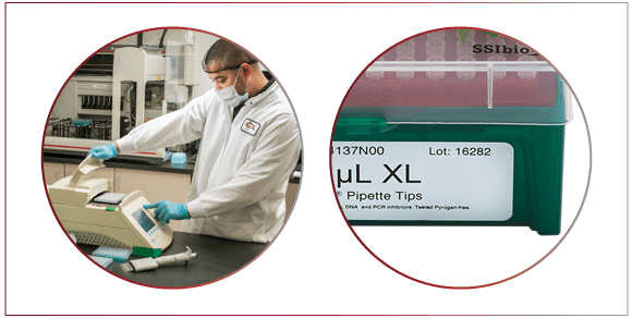 Technician running a test in the SSI quality assurance laboratory, and a product label showing its manufacturing lot number
