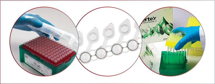 Press to open rack lid, triple interwell strip tubes and a pipette tip grid being reloaded