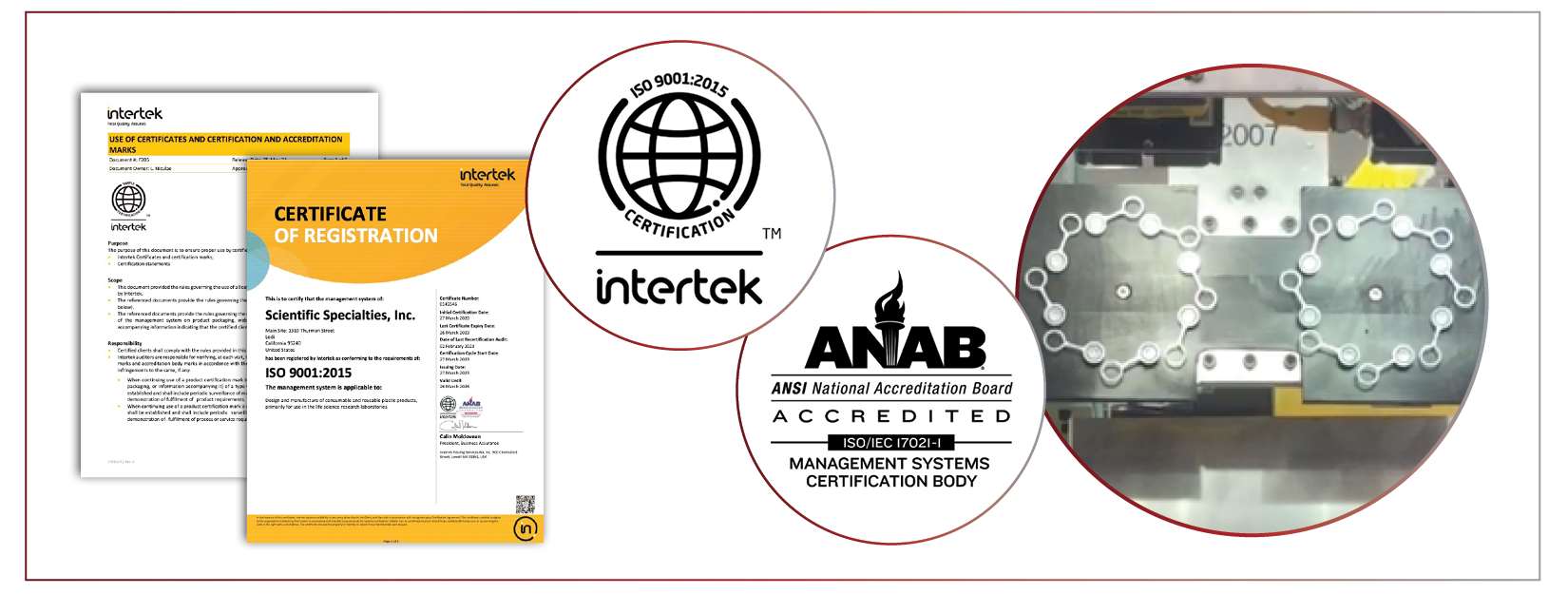 SSI ISO 9001:2015 certificates, Intertek and ANAB accreditation marks, and automated optical inspection on the line