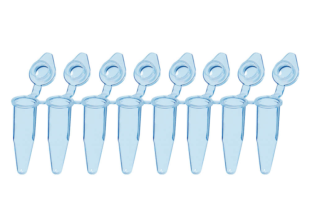 0.2 mL 8-Strip SnapStrip&reg; PCR Tubes , Blue Tubes with Clear Dome Caps