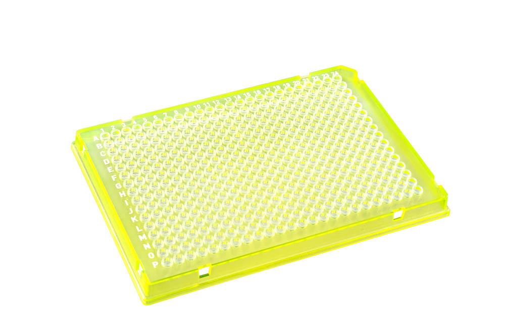 384-Well DuraFrame&reg; Rigid PCR Plates, A24 Notches, Yellow